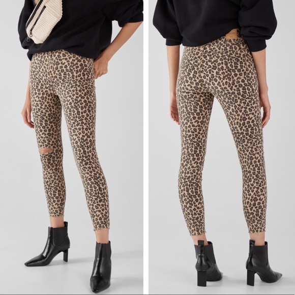 Bershka Denim - Bershka Super Hi Rise Leopard Raw Hem Skinny Jeans